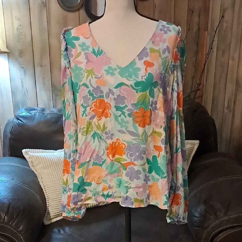Emily Wonder Floral V-Neck Women Long Sleeve Top Size L